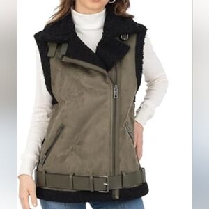 Olive Green Faux Shearling Belted Vest